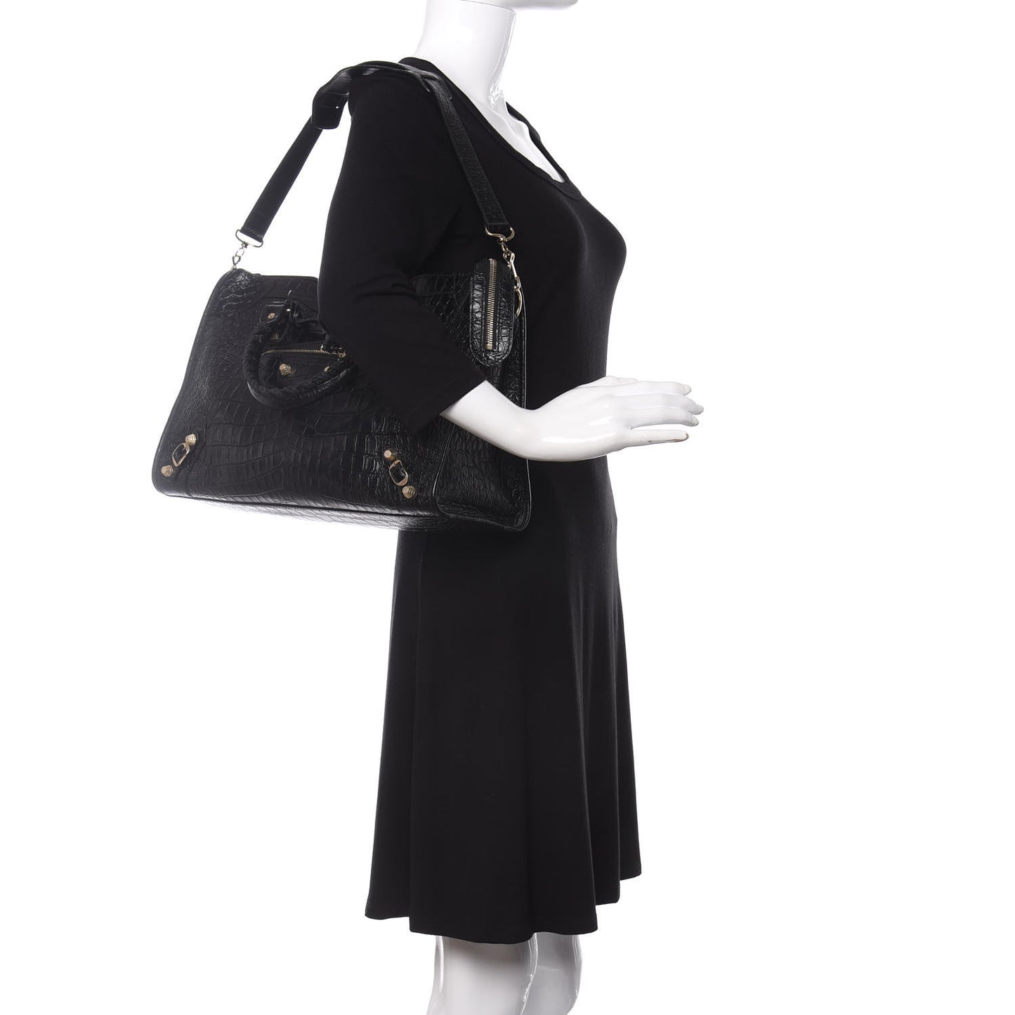 Calfskin Crocodile Embossed Giant 12 Gold Hardware City Black