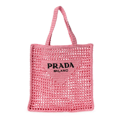 Prada Yarn Raffia Effect Crochet Logo Embroidered Tote Bag Petalo 1 of 8