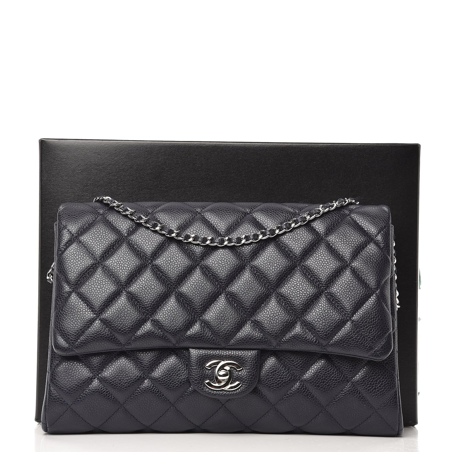 Caviar Clutch with Chain Flap Navy Blue