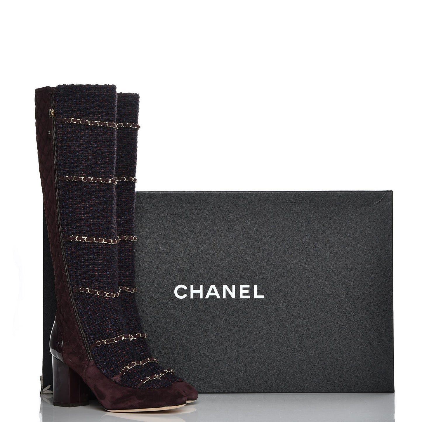 Suede Tweed Patent Quilted Zip Knee High Boots 39.5 Black Navy Burgundy
