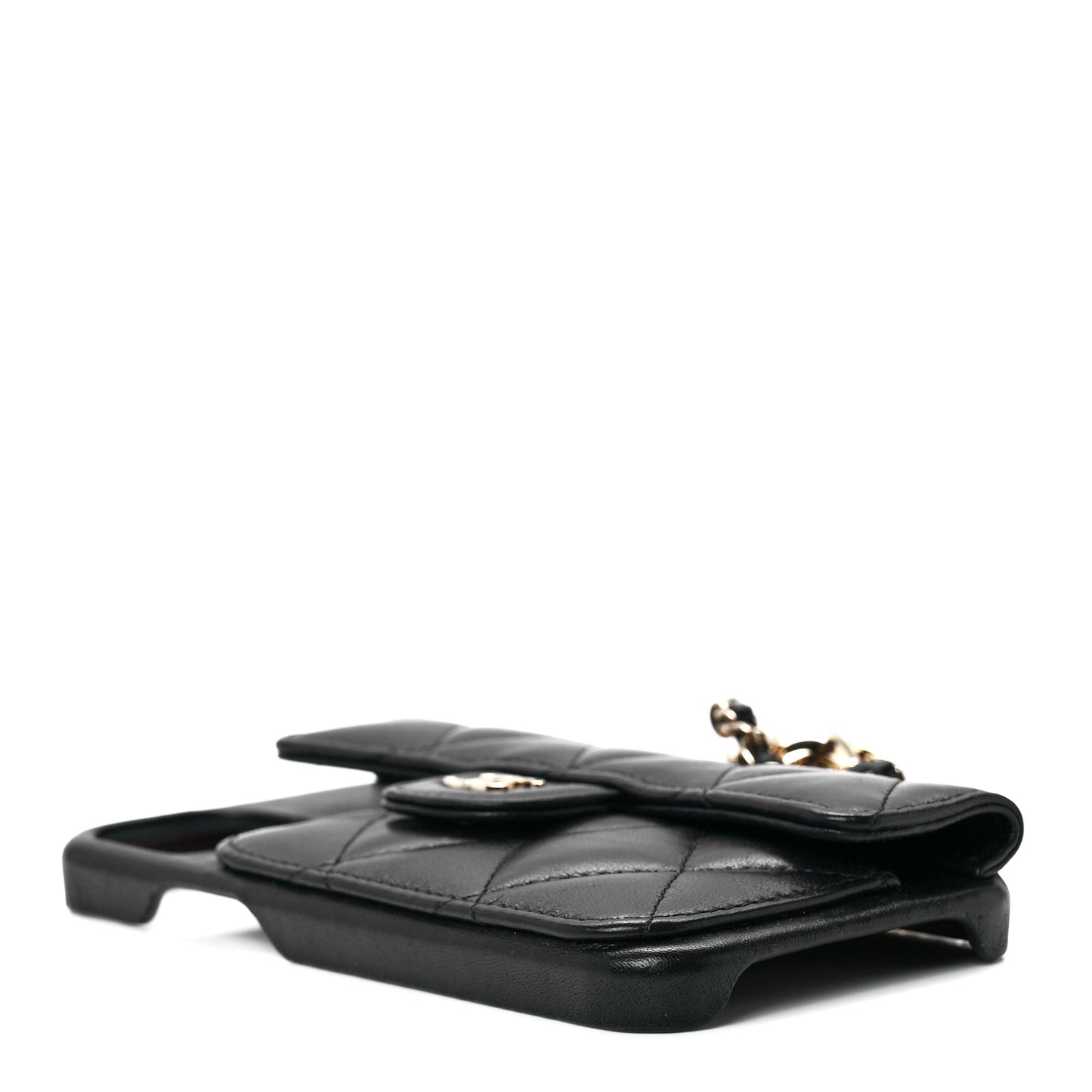 Lambskin Quilted Pearl Crush iPhone XII Pro Holder With Chain Black
