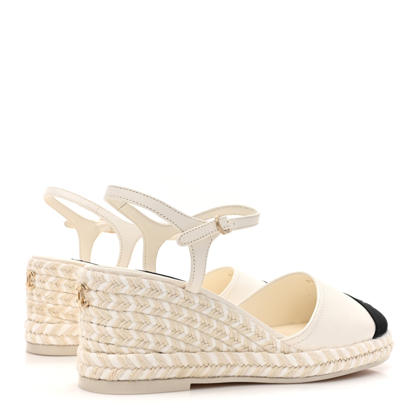 Lambskin Grosgrain CC Espadrilles Wedges 38 White Black