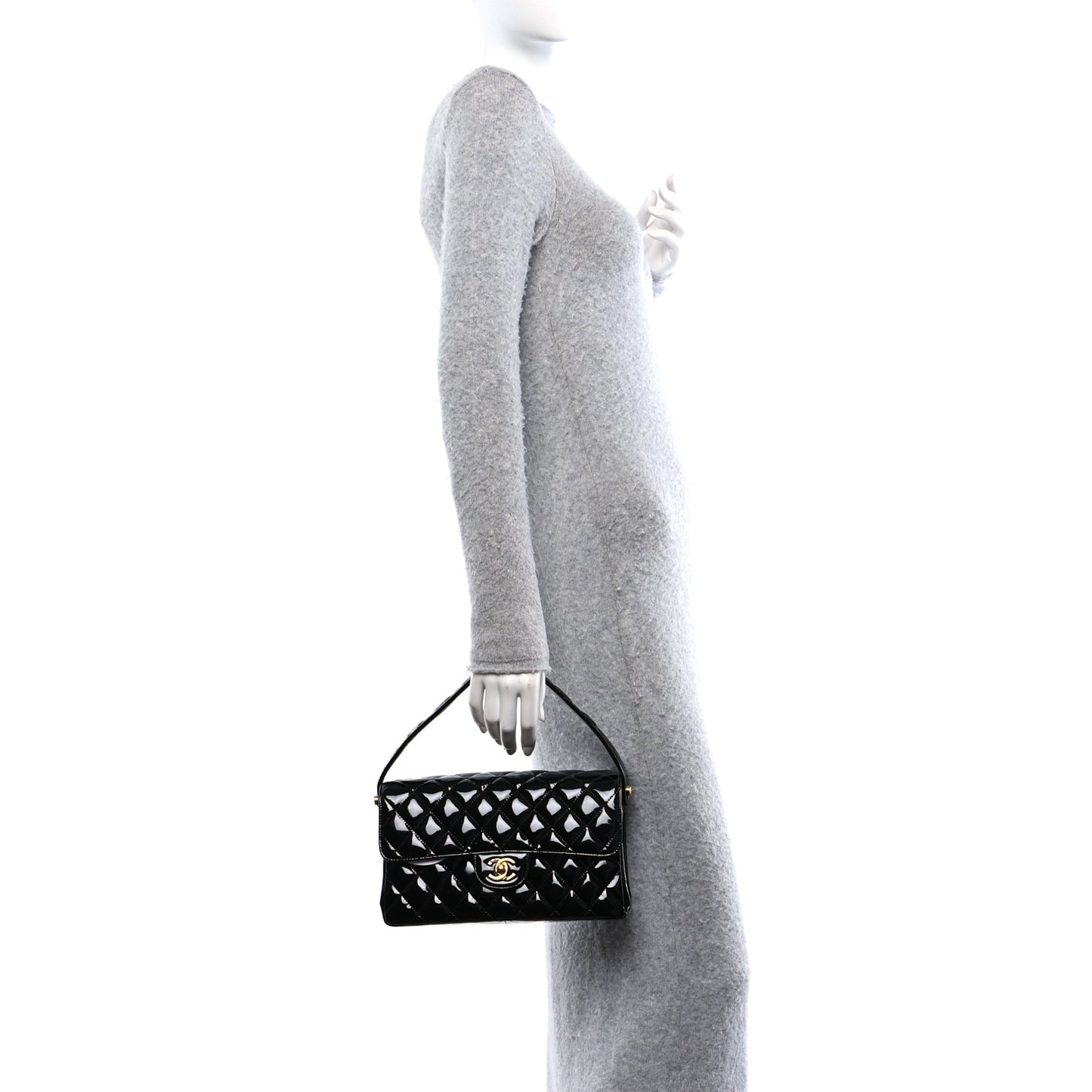 Patent Quilted Double Sided Shoulder Flap Bag Black