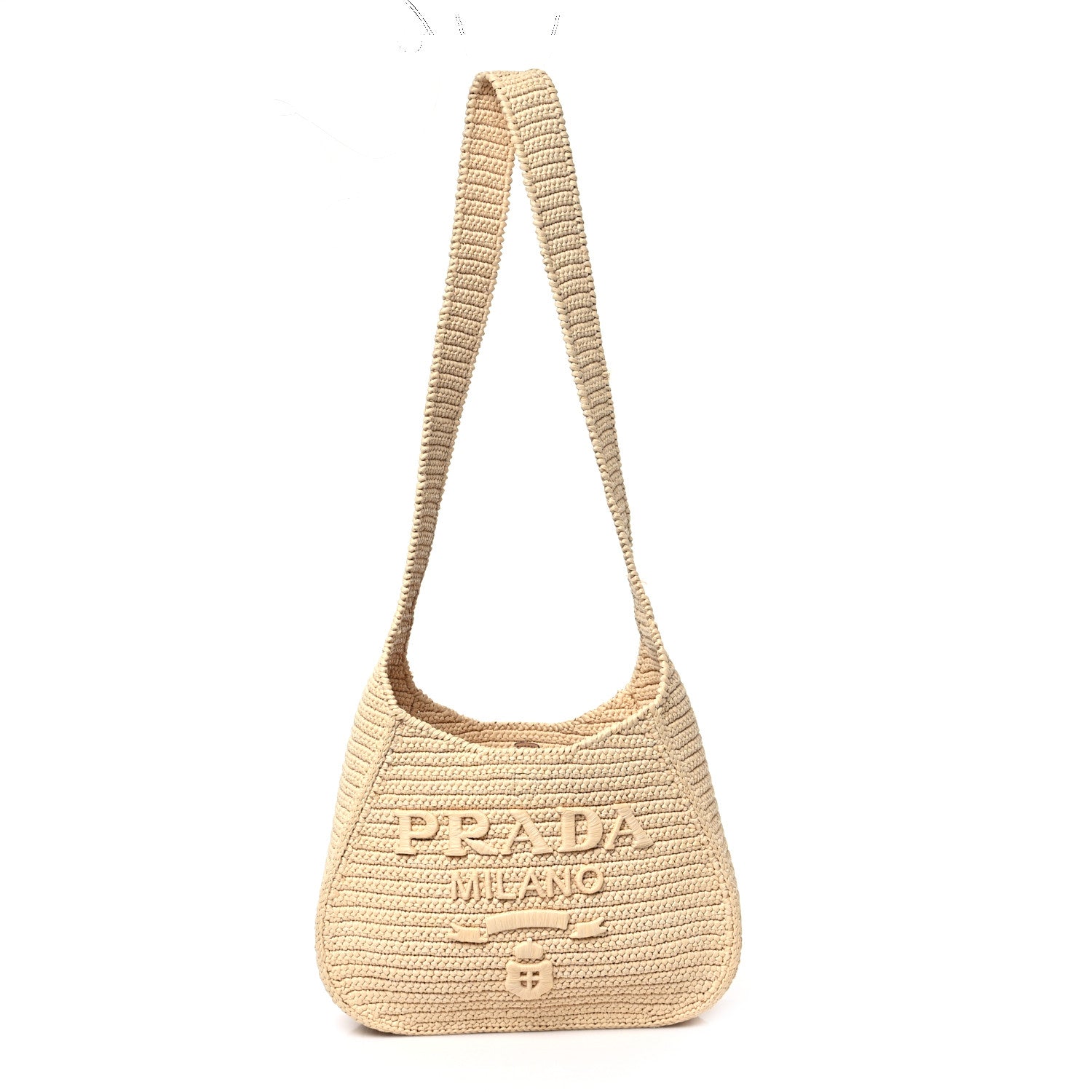Prada Yarn Raffia Effect Crochet Embroidered Logo Hobo Naturale 1 of 13