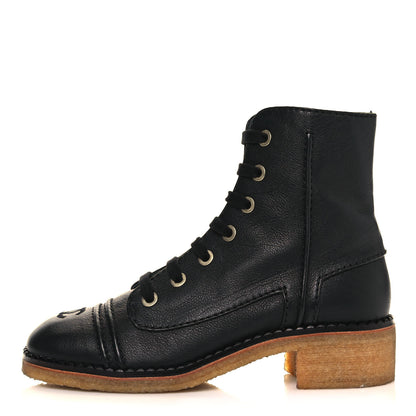 Chanel Calfskin Lace Up Combat Boots 38.5 Black 1 of 12