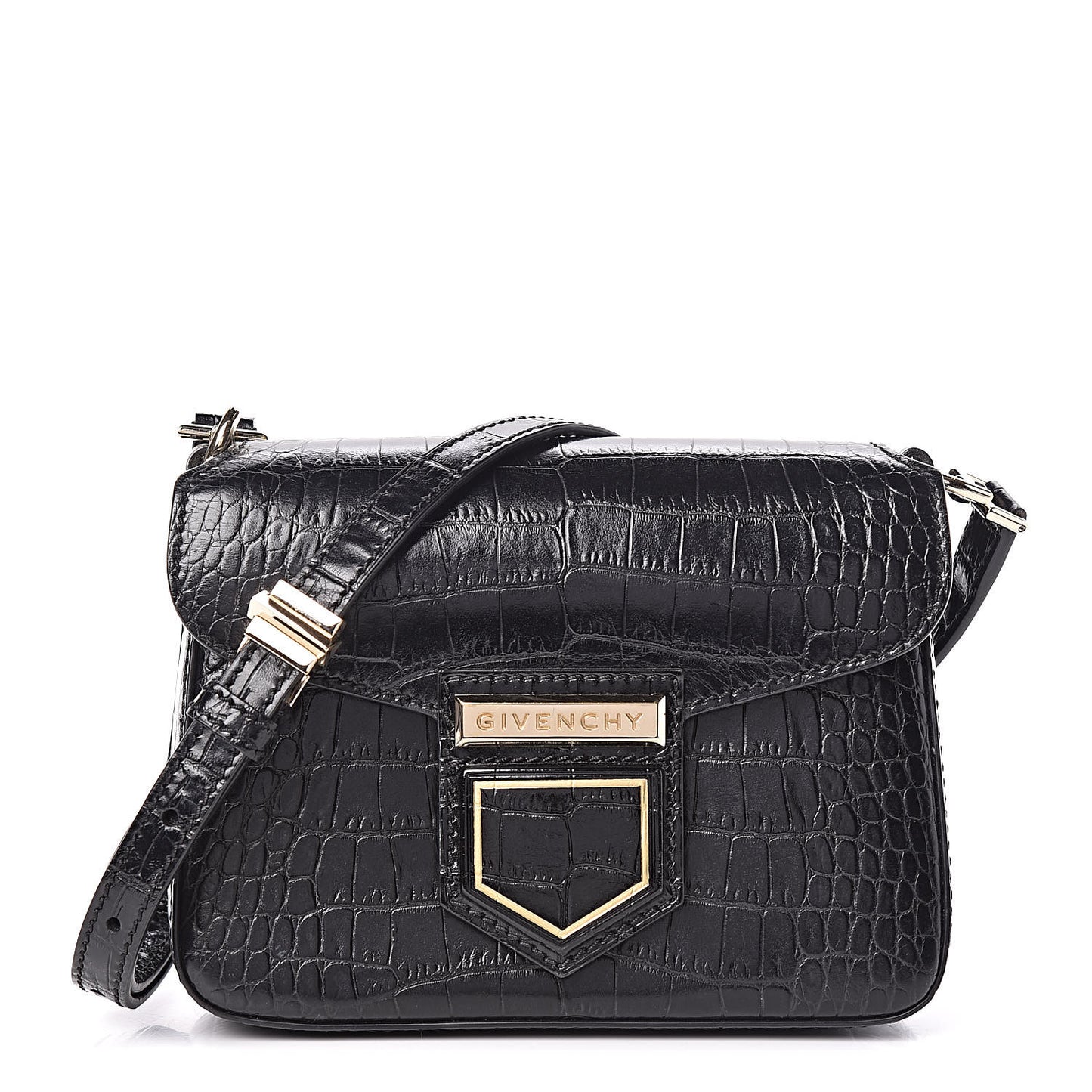 Calfskin Crocodile Embossed Mini Nobile Shoulder Bag Black
