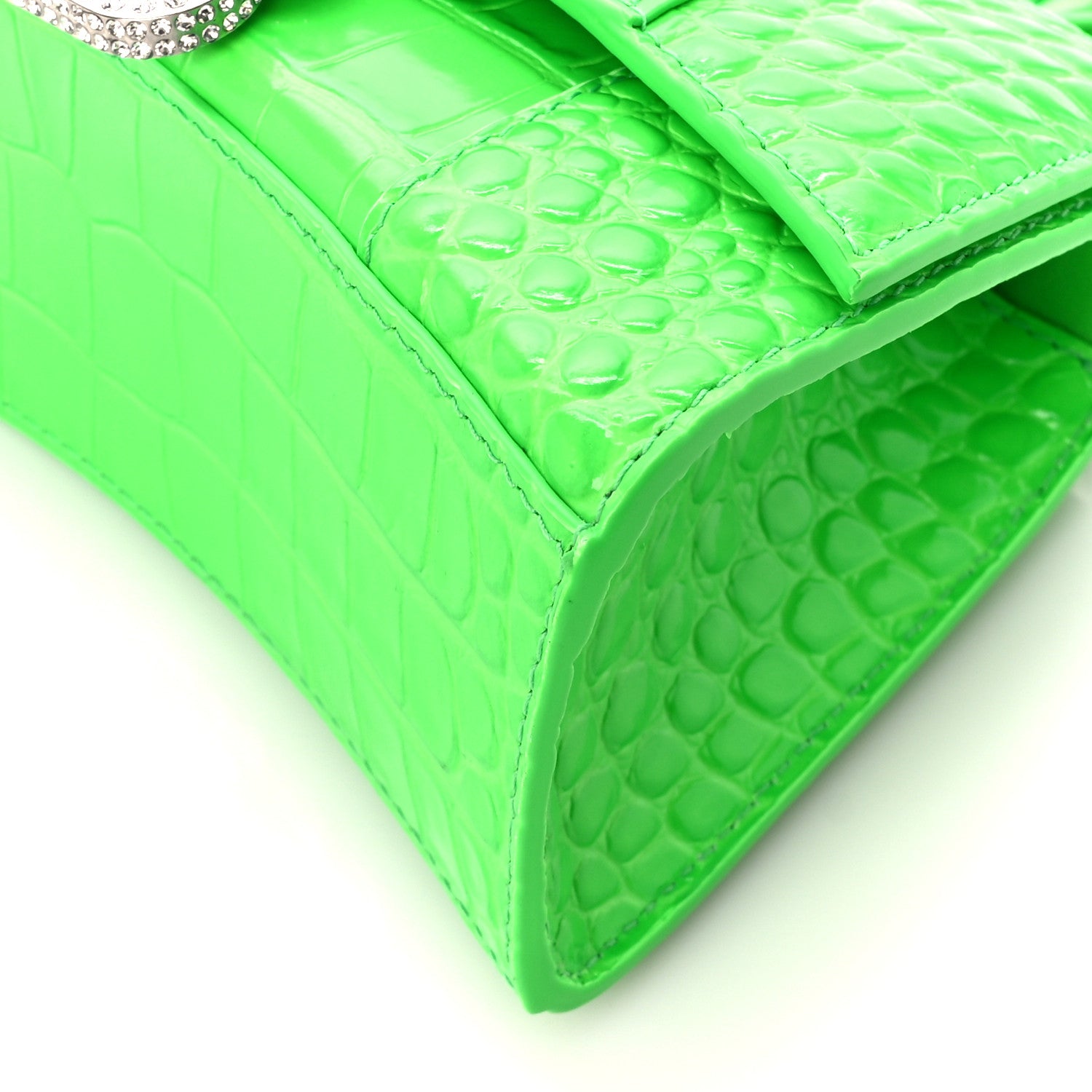 Balenciaga Shiny Calfskin Strass Crocodile Embossed Hourglass Top Handle Bag XS Fluo Green 10 of 10