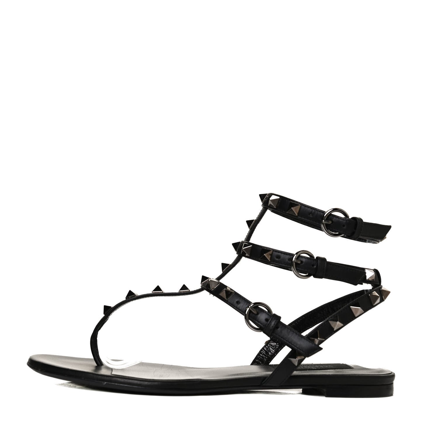Nappa Rockstud Ankle Strap Flat Thong Sandals 37.5 Black