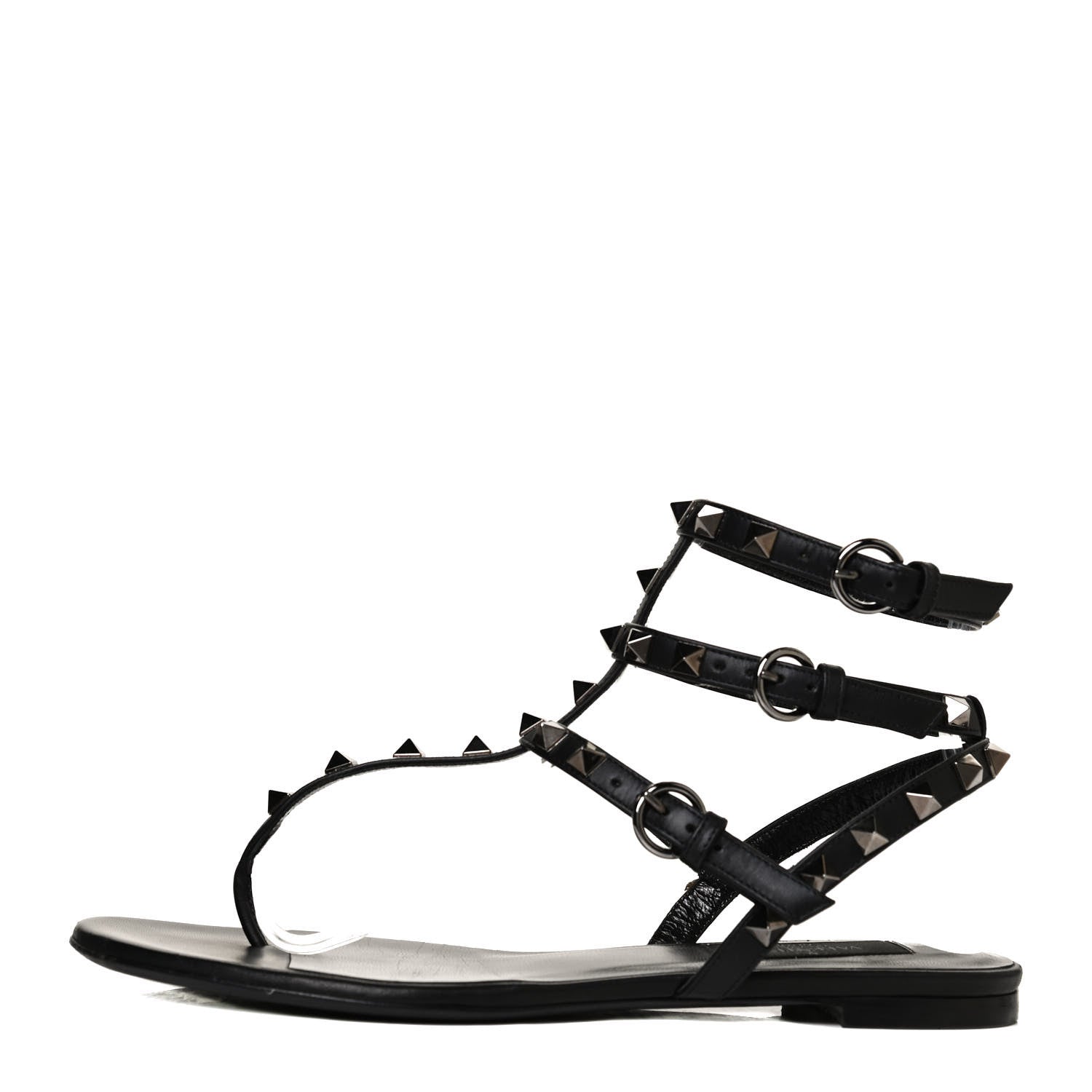 Valentino Garavani Nappa Rockstud Ankle Strap Flat Thong Sandals 37.5 Black 1 of 12