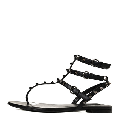 Valentino Garavani Nappa Rockstud Ankle Strap Flat Thong Sandals 37.5 Black 1 of 12