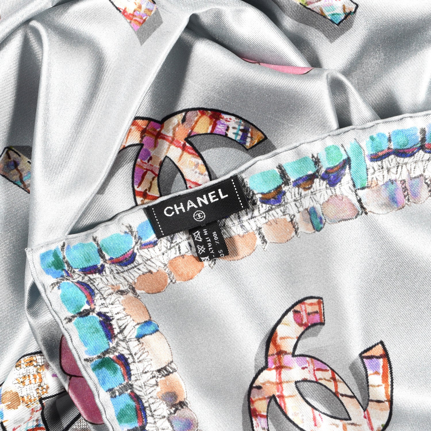 Chanel Silk CC Camellia Square Scarf Blue Multicolor 3 of 3