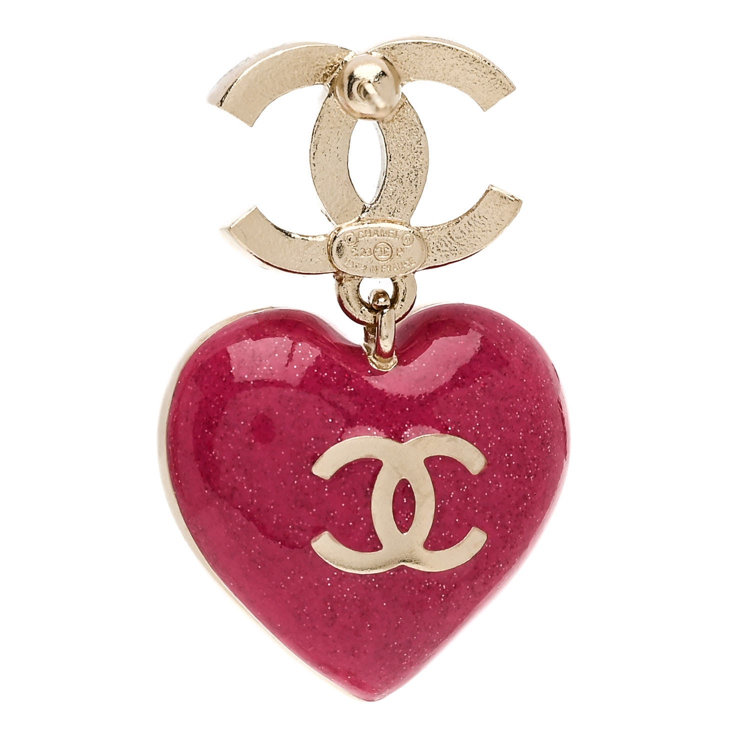 Chanel Crystal CC Resin Heart Drop Earrings Pink Gold 4 of 5