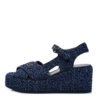 Chanel Silk Linen Tweed Quilted CC Platform Sandals 36.5 Navy Blue Gray 1 of 9