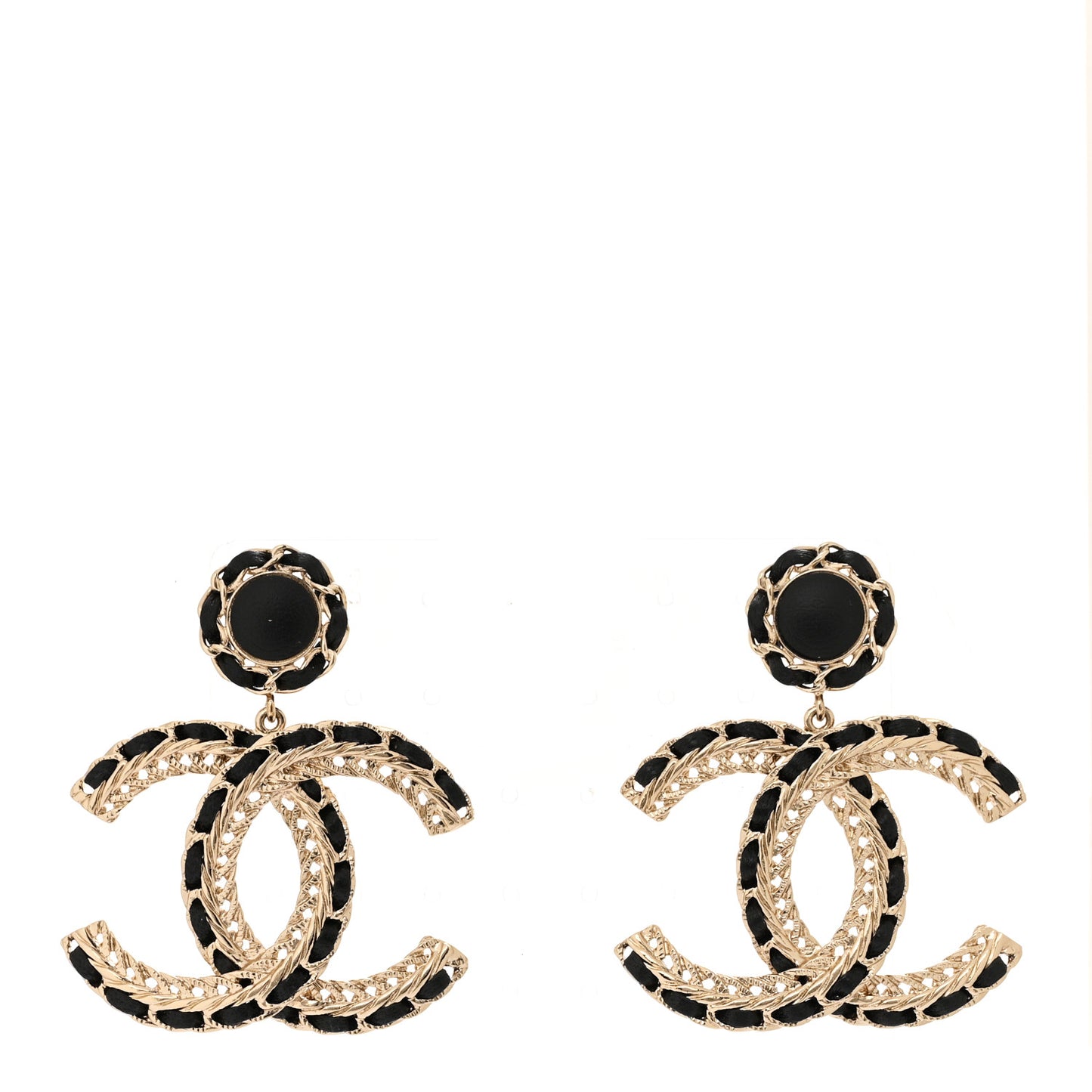 Lambskin CC Chain Drop Earrings Black Gold