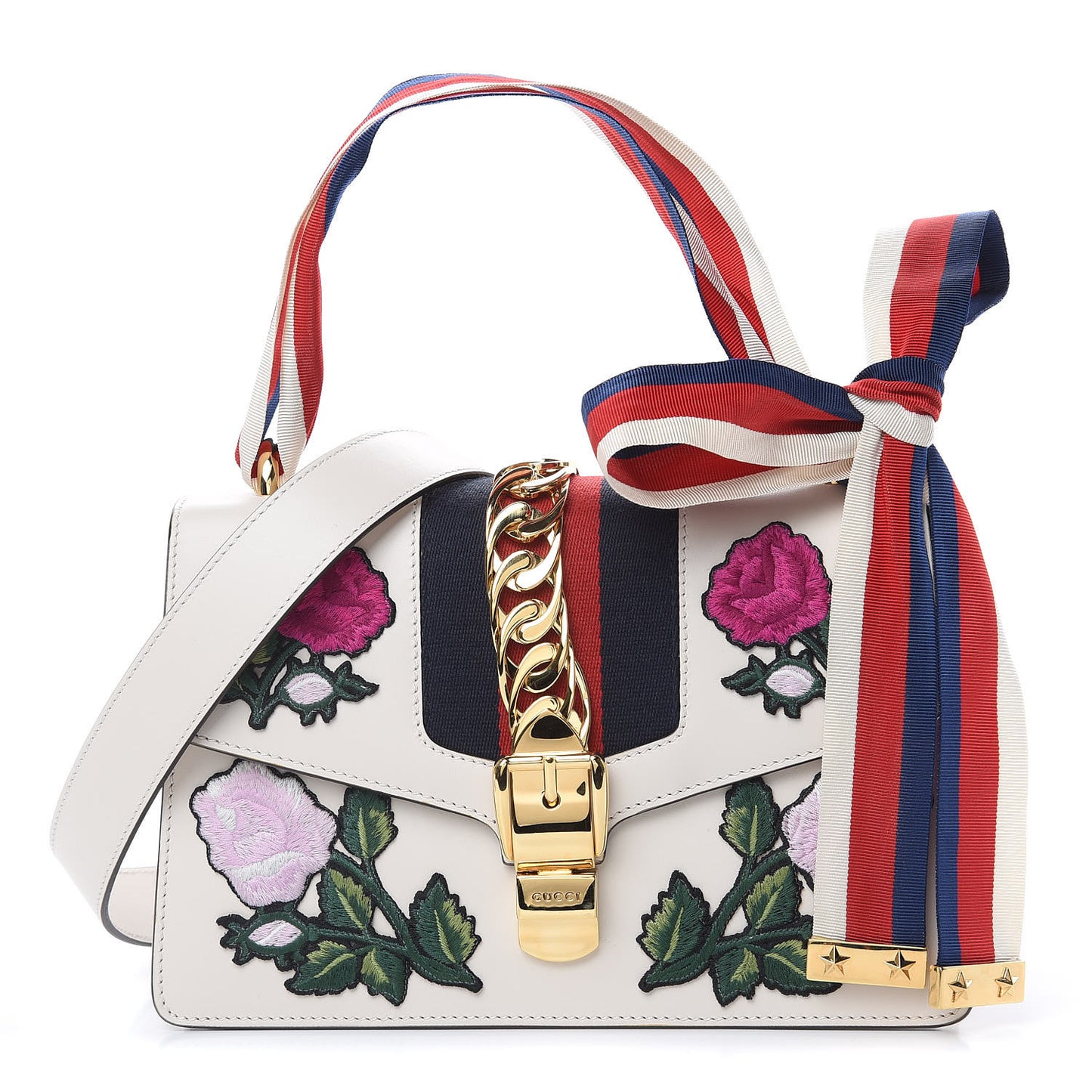 Calfskin Embroidered Small Sylvie Shoulder Bag White