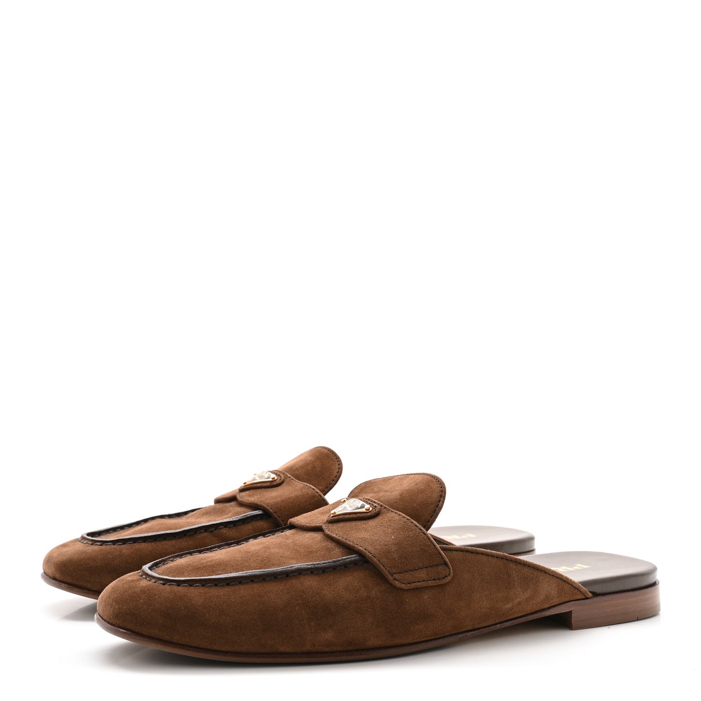 Suede Metal Triangle Logo 10mm Loafer Mules 40 Cannella