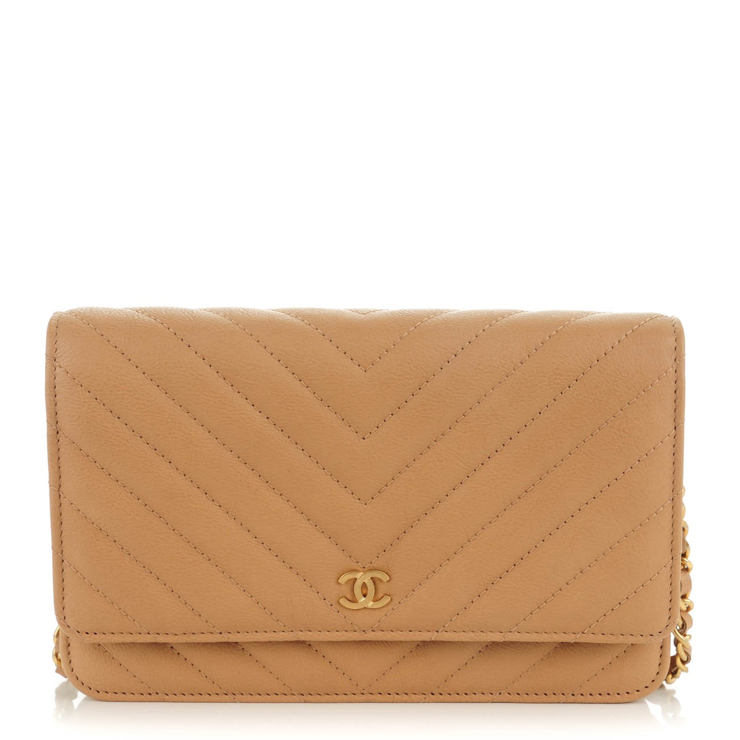 Calfskin Chevron Quilted Wallet On Chain WOC Beige