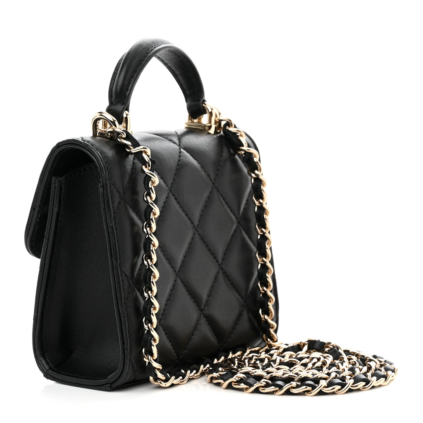 Lambskin Quilted Top Handle Flap Clutch With Chain Black