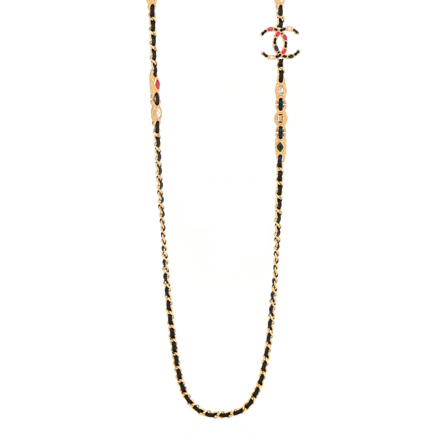 Chanel Lambskin Crystal CC Long Necklace Gold Black Red 1 of 6
