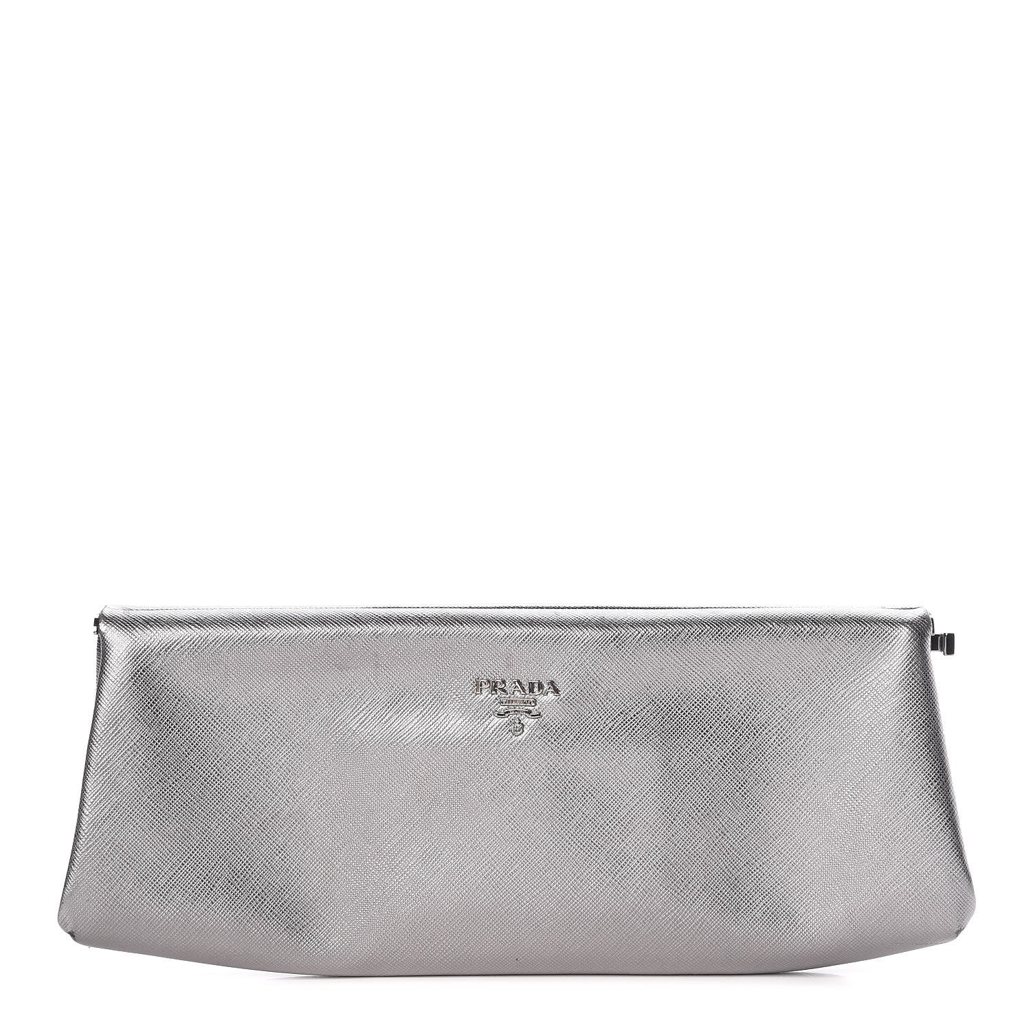 Prada Metallic Saffiano Lux East West Frame Clutch Cromo 1 of 17