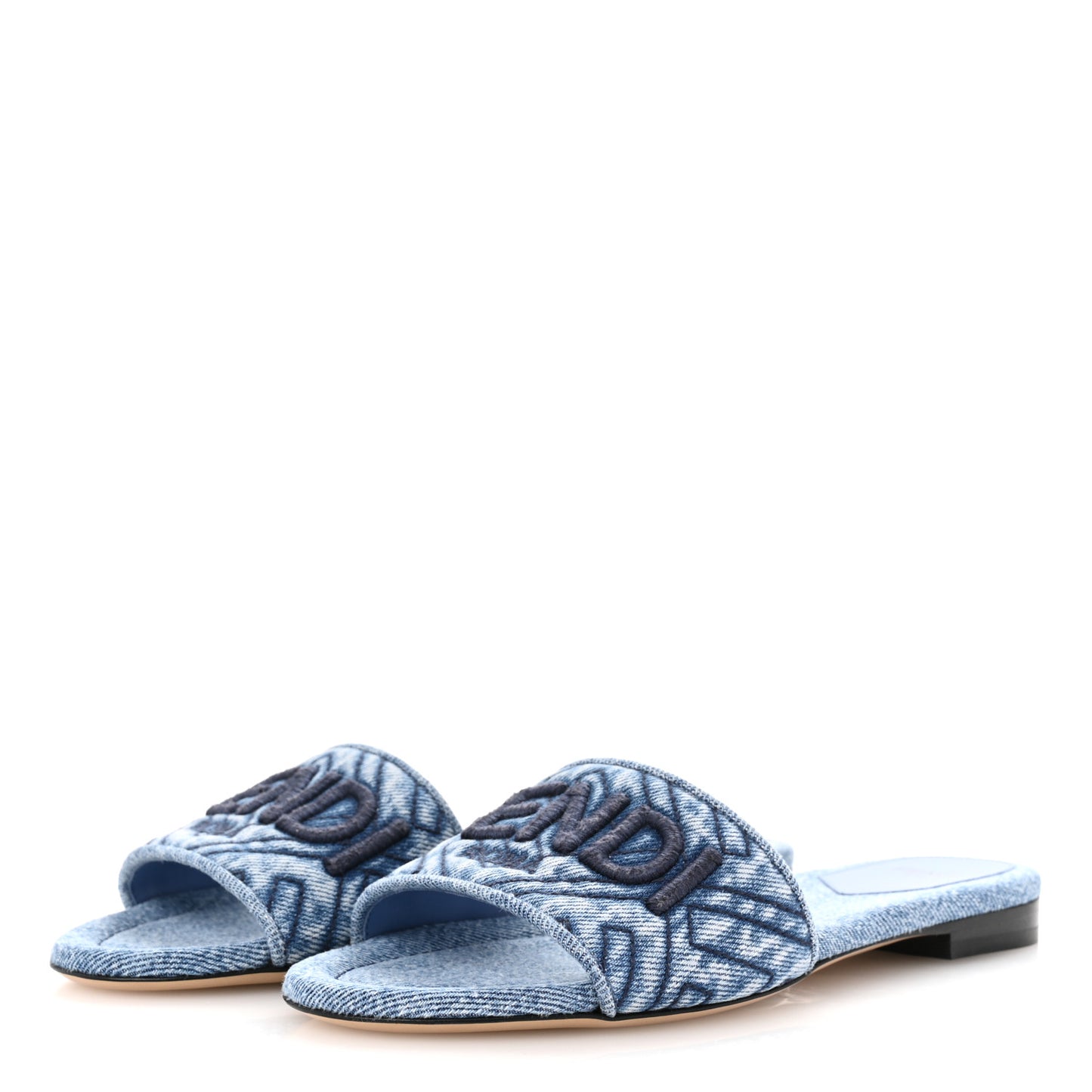 Denim Print Logo Flat Slide Sandals 36 Blue