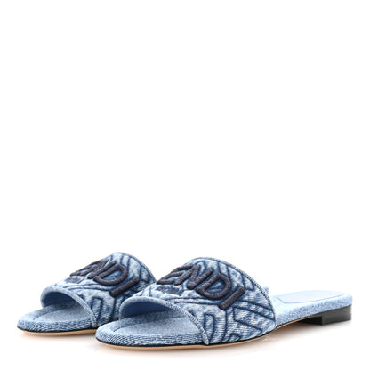 Fendi Denim Print Logo Flat Slide Sandals 36 Blue 4 of 11