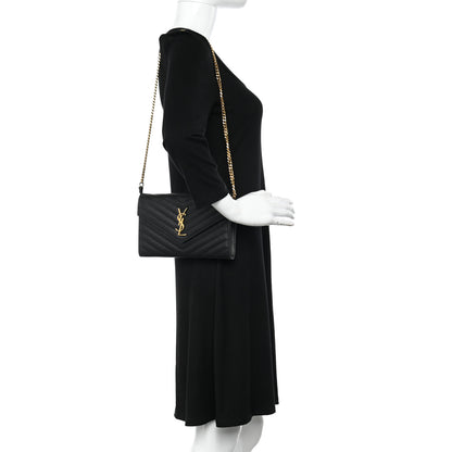 Saint Laurent Grain De Poudre Matelasse Chevron Monogram Chain Wallet Black 2 of 11