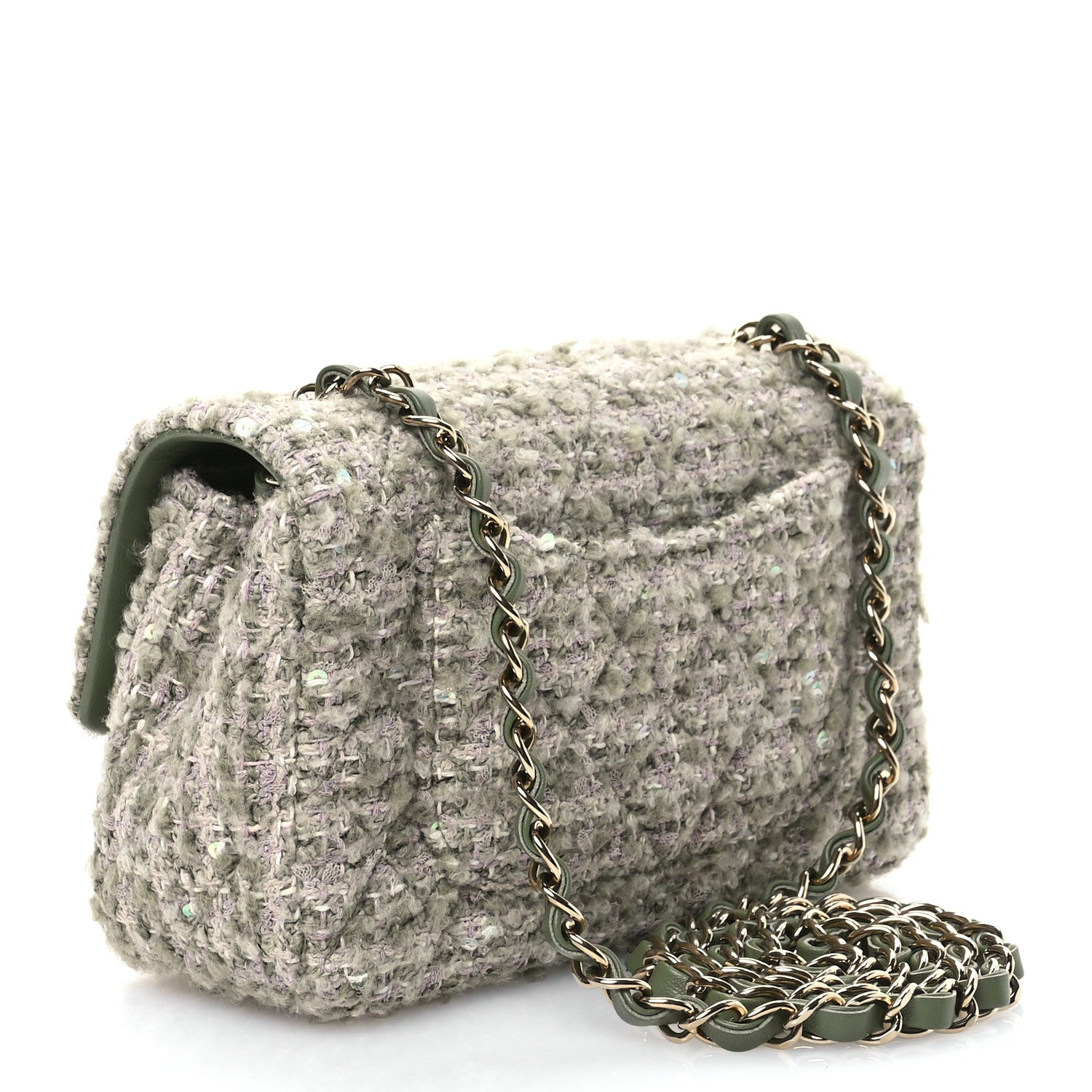 Chanel Wool Tweed Sequin Quilted Mini Rectangular Flap Green Beige Ecru 3 of 10
