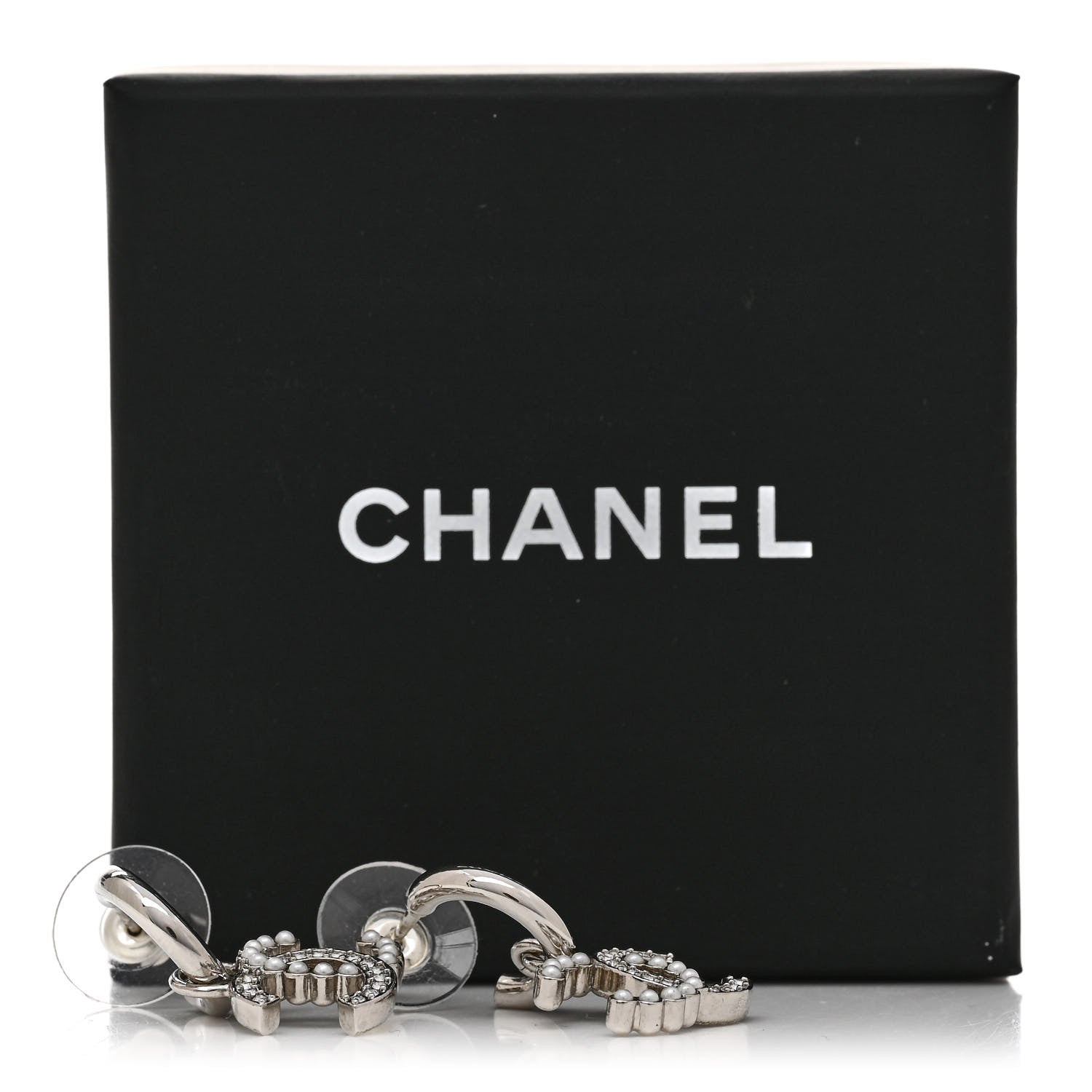 Chanel Metal Pearl Crystal CC Drop Earrings Silver 5 of 5