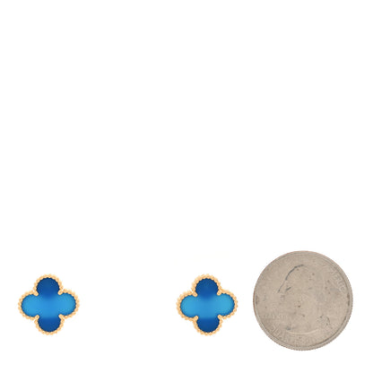 Van Cleef & Arpels 18K Yellow Gold Blue Agate Vintage Alhambra Earrings 2 of 5