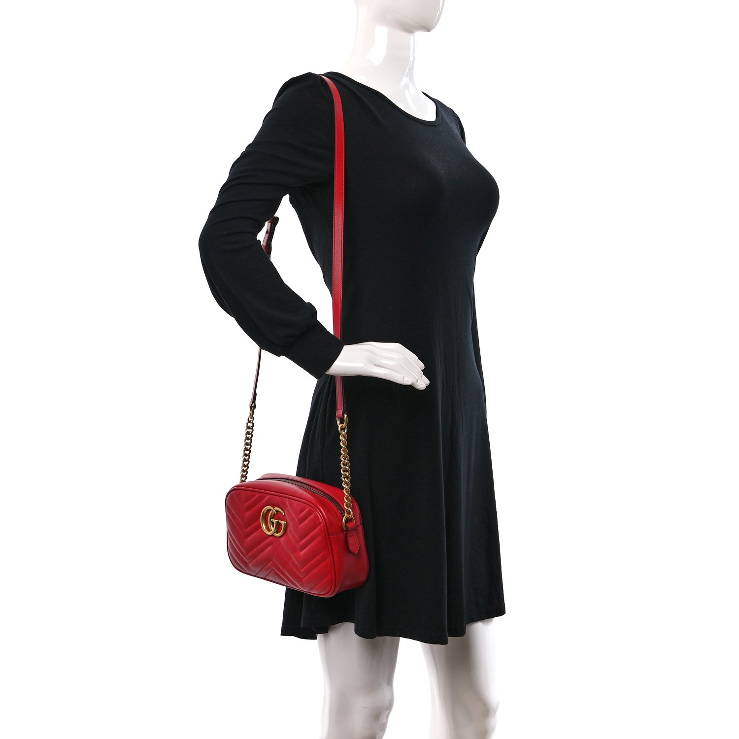 Gucci Calfskin Matelasse Small GG Marmont Chain Shoulder Bag Hibiscus Red 2 of 10