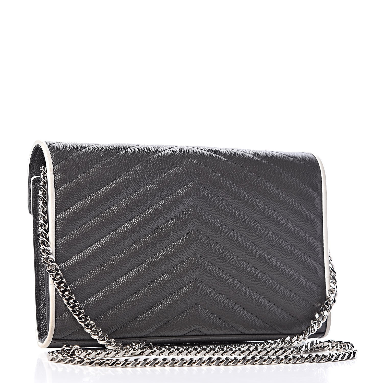 Saint Laurent Grain De Poudre Matelasse Chevron Monogram Chain Wallet Grey White 3 of 10