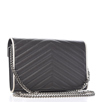 Saint Laurent Grain De Poudre Matelasse Chevron Monogram Chain Wallet Grey White 3 of 10