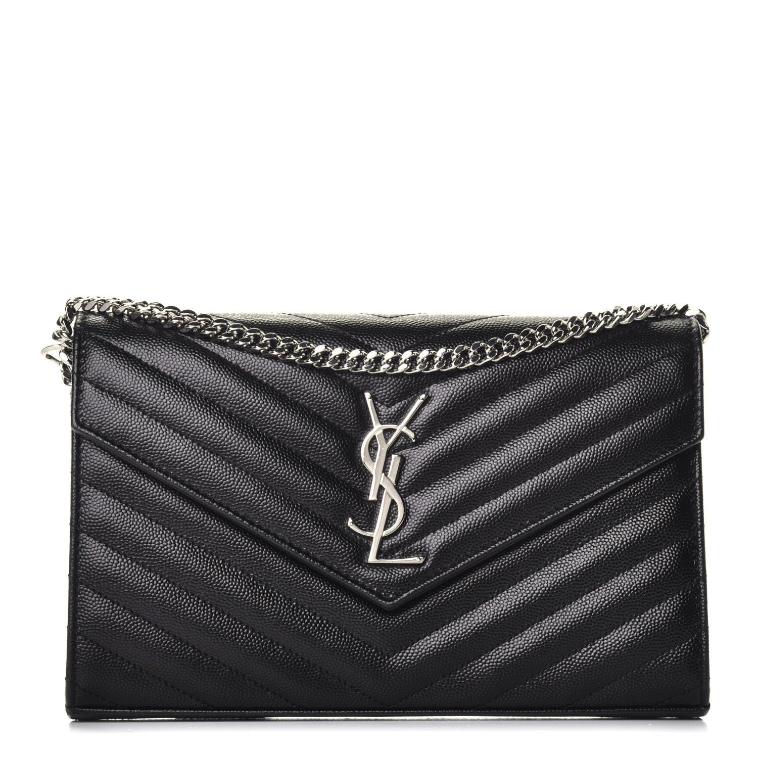 Saint Laurent Grain De Poudre Matelasse Chevron Monogram Chain Wallet Black 1 of 9