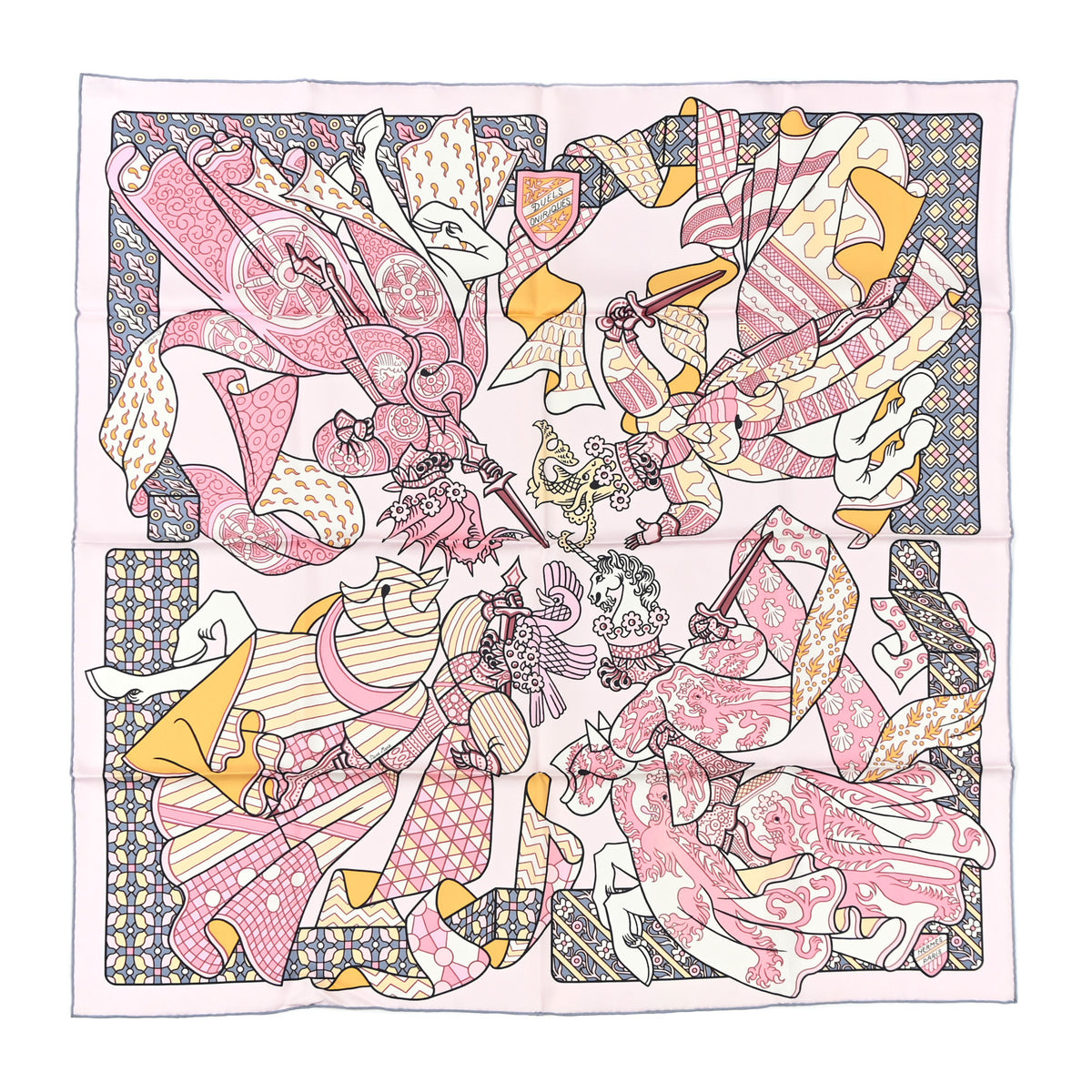 Silk Carre Duels Oniriques Scarf 90 Rose Pale Gris Jaune