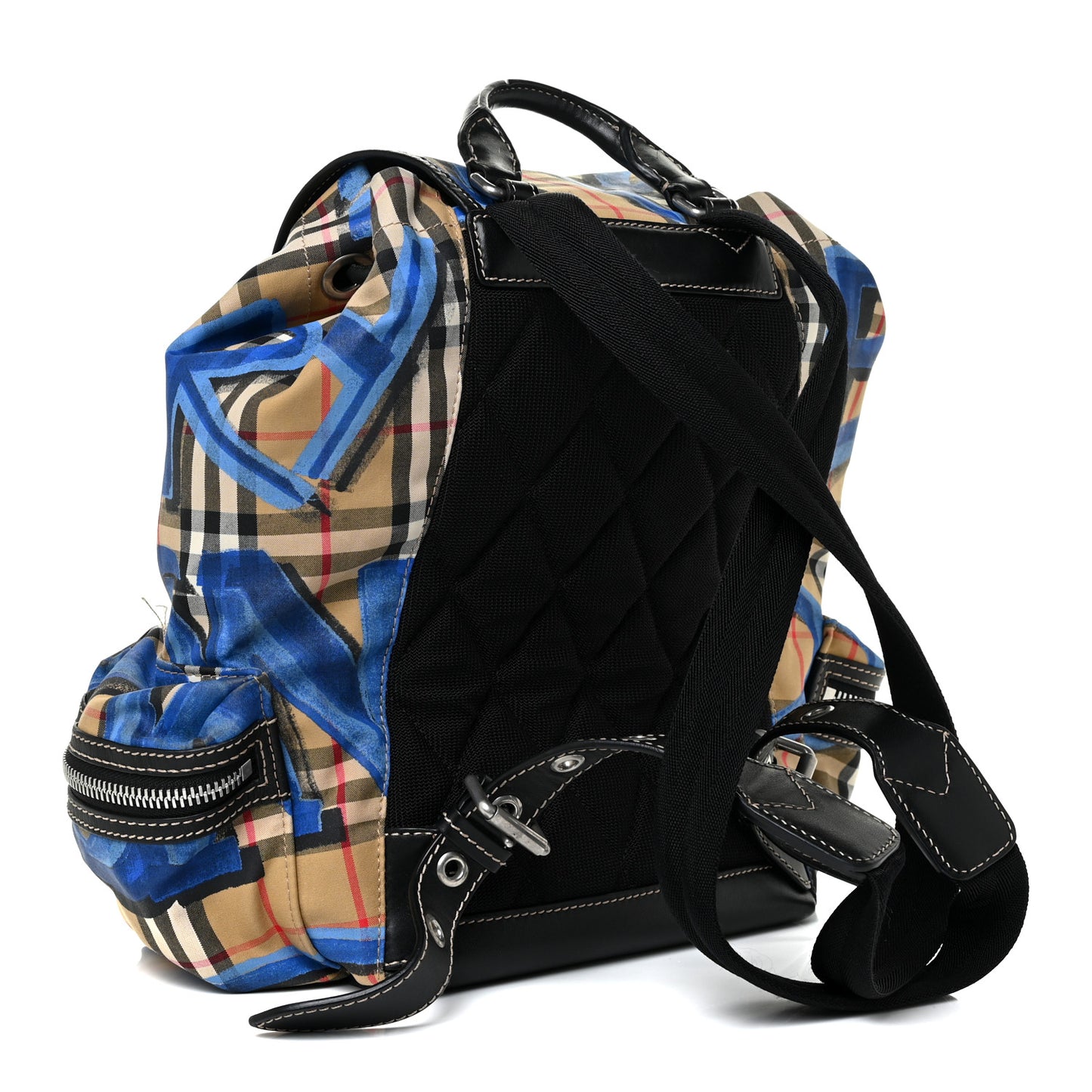 Vintage Check Graffiti Print Medium Rucksack Backpack Blue Antique Yellow