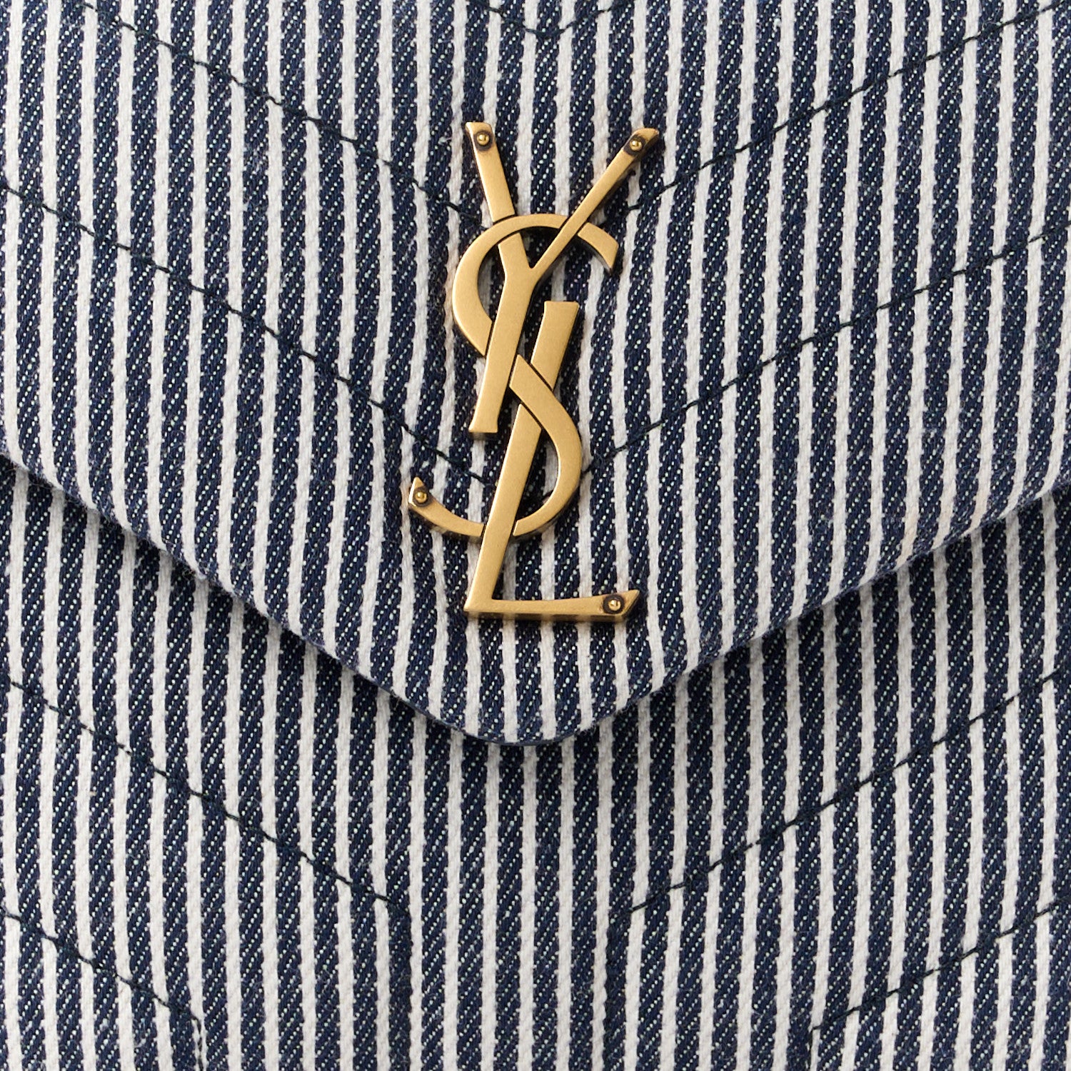 Saint Laurent Striped Denim Y Quilted Monogram Small Loulou Chain Satchel Marine Vintage White 9 of 12