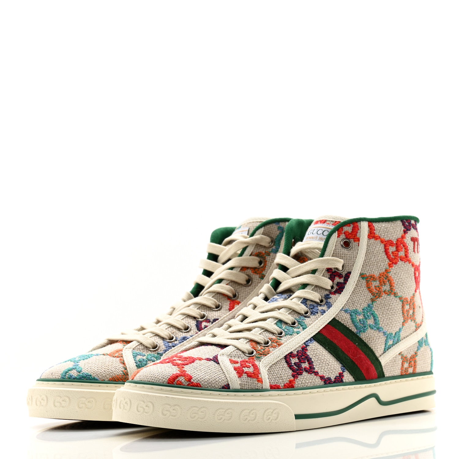 Gucci Linen Psychedelic Mini GG Monogram Mens 1977 Tennis High Top Sneakers 10 Multicolor Mystic White 3 of 10
