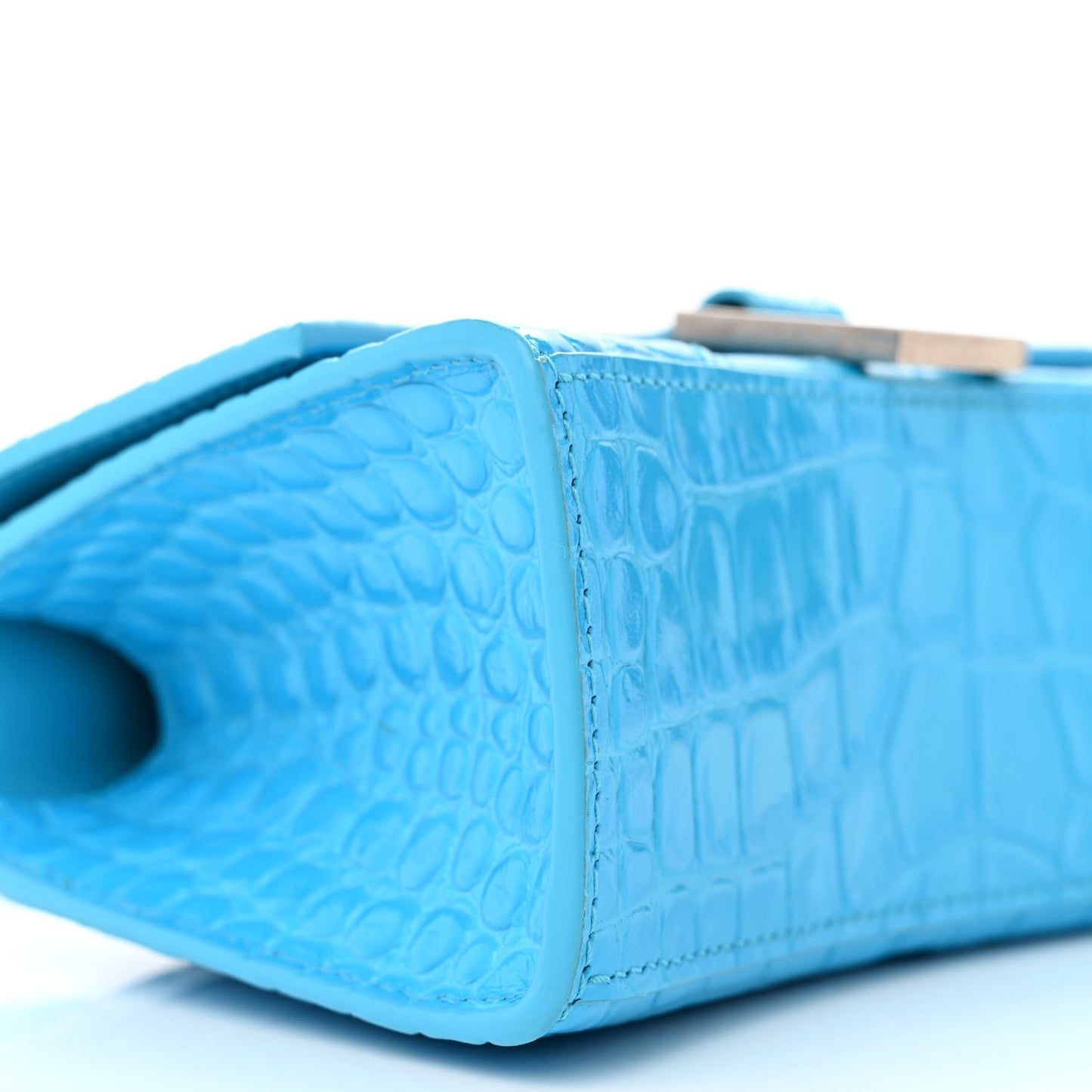 Shiny Calfskin Crocodile Embossed Hourglass Top Handle Bag XS Cyan