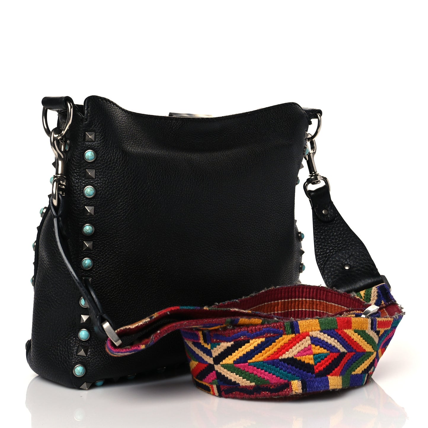 Pebbled Calfskin Tribal Small Guitar Strap Rockstud Rolling Flip-Lock Messenger Bag Black