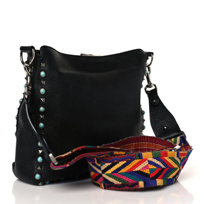Valentino Garavani Pebbled Calfskin Tribal Small Guitar Strap Rockstud Rolling Flip-Lock Messenger Bag Black 3 of 10