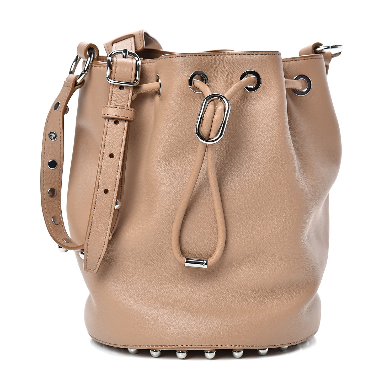 Calfskin Studded Alpha Bucket Bag Latte