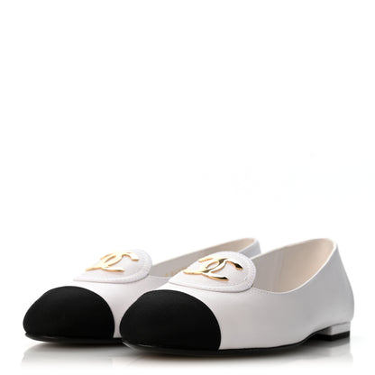 Chanel Calfskin Grosgrain Cap Toe CC Moccasin Loafers 37 White Black 4 of 10