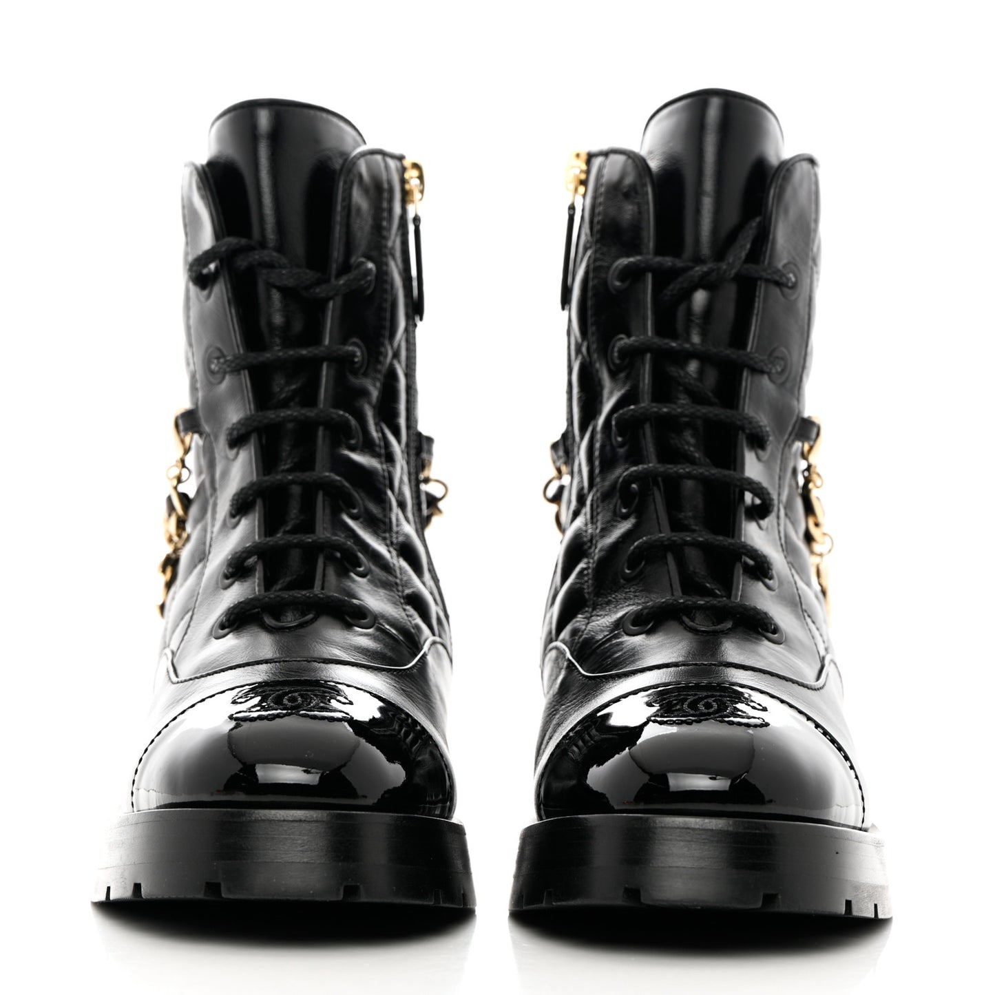 Shiny Calfskin Patent Quilted Chain Lace Up Combat Boots 36.5 Black