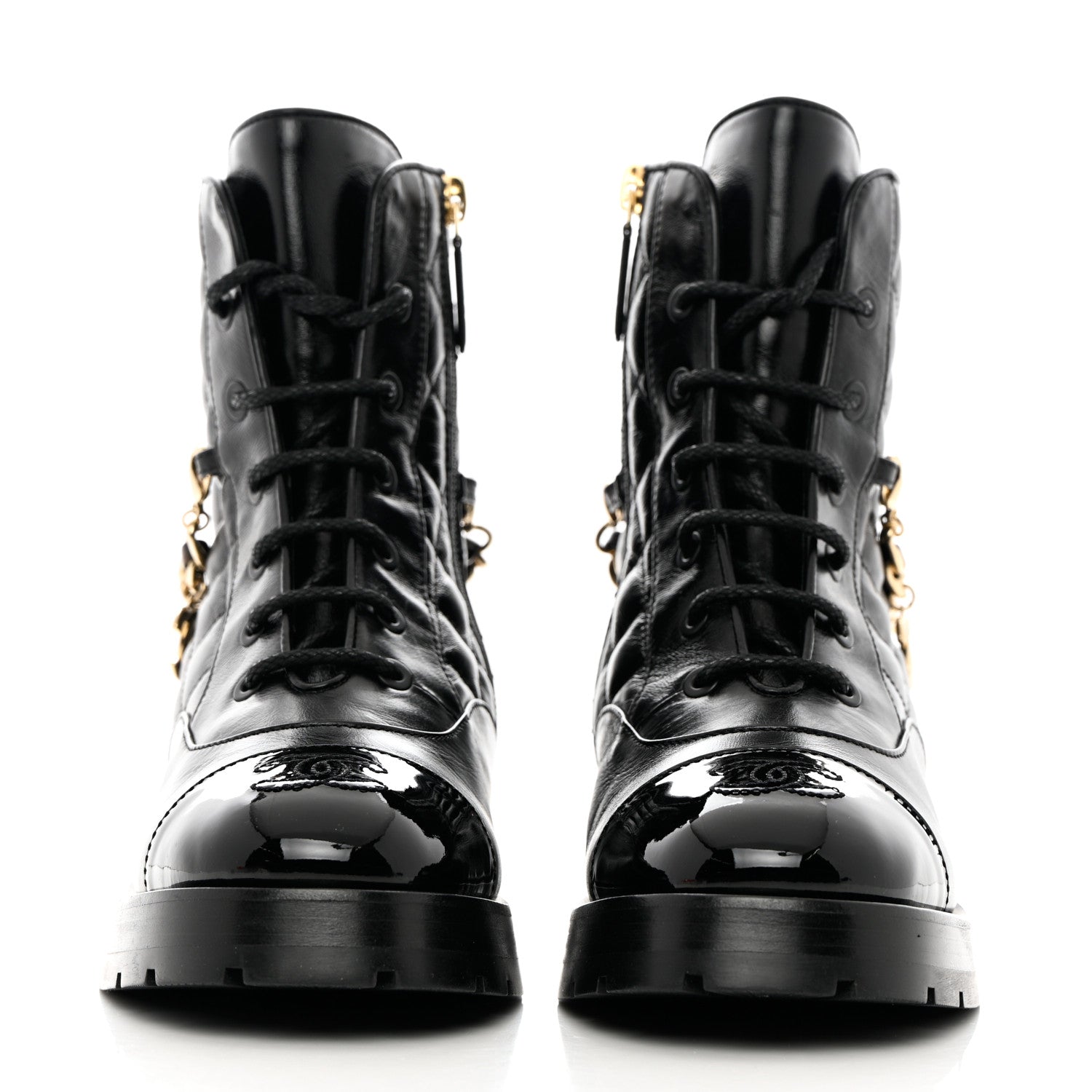 Chanel Shiny Calfskin Patent Quilted Chain Lace Up Combat Boots 36.5 Black 2 of 10