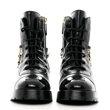Chanel Shiny Calfskin Patent Quilted Chain Lace Up Combat Boots 36.5 Black 2 of 10