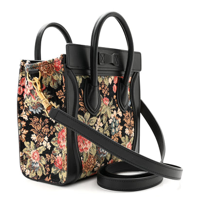 Celine Calfskin Lambskin Canvas Jacquard Floral Nano Luggage Black 3 of 11