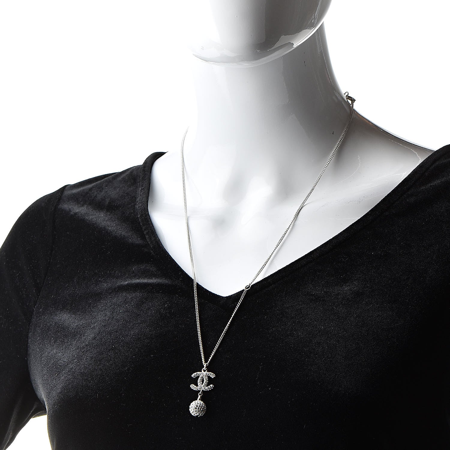 Chanel Crystal CC Ball Pendant Necklace Silver 2 of 6