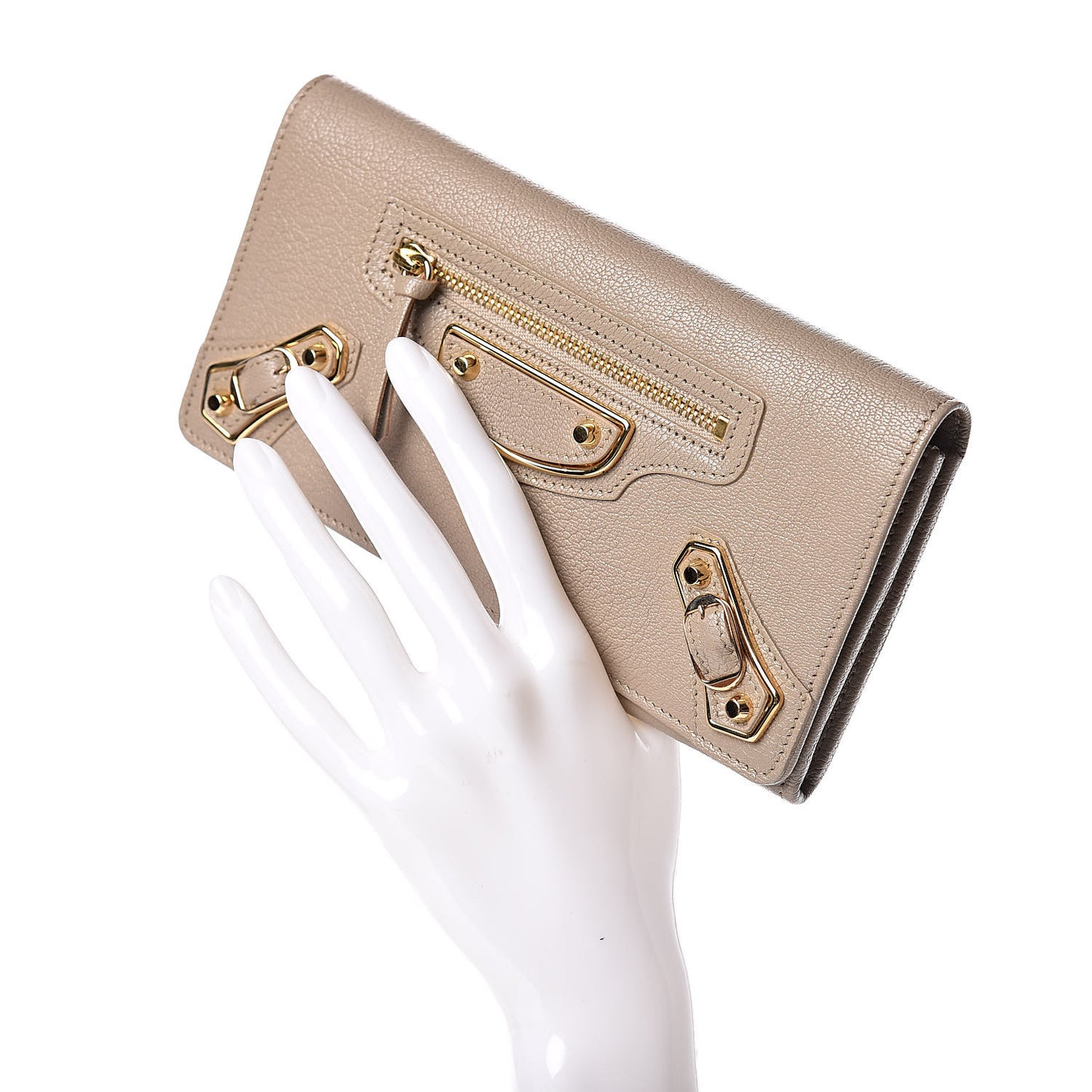 Chevre Gold Metallic Edge Hardware Money Wallet Gris Taupe