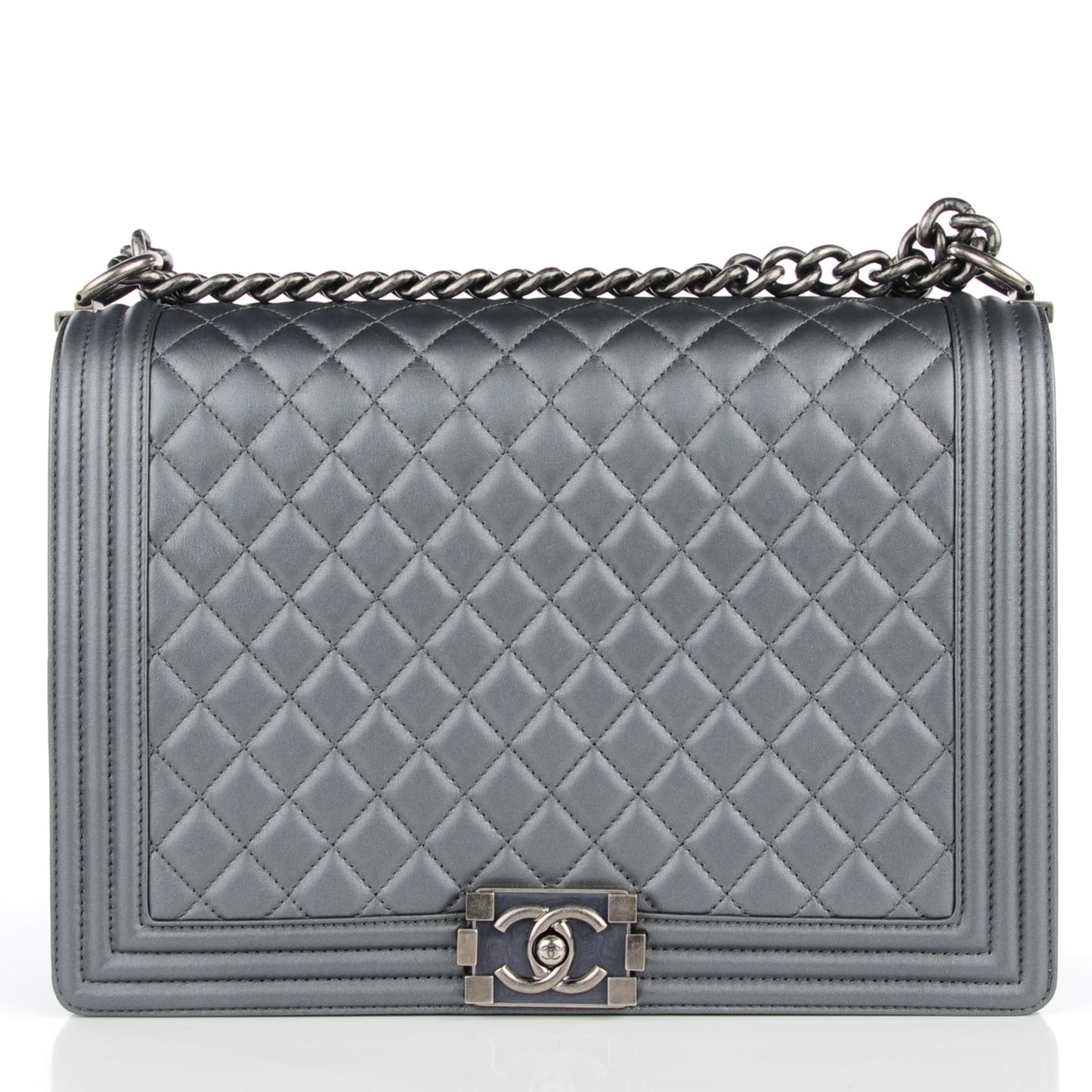 Metallic Calfskin Quilted Large Boy Flap Dark Silver